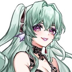 Rule 34 | 1girl, absurdres, alex (alexmaow), black choker, breasts, choker, cleavage, commentary, earrings, english commentary, eyeshadow, finana ryugu, fins, green hair, grin, head fins, highres, jewelry, long hair, makeup, medium breasts, nijisanji, nijisanji en, purple eyes, purple eyeshadow, purple lips, sidelocks, simple background, smile, solo, thick eyelashes, two side up, virtual youtuber, white background