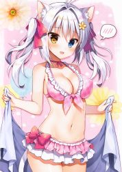 Rule 34 | 1girl, absurdres, ahoge, aina rive, animal ears, bikini, bikini skirt, blue eyes, blush, breasts, brown eyes, cat ears, cat tail, choker, cleavage, front-tie bikini top, front-tie top, heterochromia, highres, holding, mauve, medium breasts, navel, open mouth, original, pink background, pink bikini, scan, shiny skin, simple background, solo, stomach, sunshine creation, swimsuit, tail