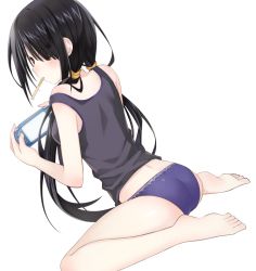 Rule 34 | 10s, 1girl, ass, back, barefoot, black hair, blue panties, blush, breasts, closed mouth, date a live, date a live: arusu install, dutch angle, extraction, eyebrows, eyes visible through hair, feet, from side, full body, game console, hair ornament, hair over one eye, hair over shoulder, hair scrunchie, handheld game console, heterochromia, holding, lace, lace-trimmed panties, lace trim, long hair, looking back, low twintails, medium breasts, mouth hold, no pants, official art, panties, parted bangs, playing games, purple panties, red eyes, scrunchie, sitting, soles, solo, spread legs, strap slip, tank top, tokisaki kurumi, transparent background, tsunako, twintails, underwear, very long hair, wariza, yellow eyes