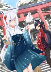 Rule 34 | 2girls, absurdres, animal ear fluff, animal ears, black legwear, blue kimono, blush, braid, broom, commentary request, floral print, fox ears, fox girl, fox tail, gohei, hair between eyes, hair ornament, hairclip, highres, holding, holding broom, hololive, japanese clothes, kimono, kimono skirt, long hair, looking at viewer, miyakoshin053, multiple girls, one eye closed, ookami mio, ookami mio (new year), open mouth, outdoors, pantyhose, pentagram, ponytail, red kimono, shirakami fubuki, shirakami fubuki (new year), sidelocks, single braid, smile, stairs, tail, tail around own leg, torii, virtual youtuber, white kimono, wolf ears, wolf girl, wolf tail