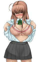 Rule 34 | 1girl, ahoge, blush, bra, breasts, brown eyes, brown hair, cleavage, highres, huge breasts, komusou (jinrikisha), long hair, looking at viewer, matching hair/eyes, navel, open clothes, open mouth, open shirt, original, school uniform, shirt, simple background, skirt, solo, standing, underwear, white background