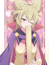 Rule 34 | 1girl, ;), blonde hair, blush, bracelet, breasts, capelet, cloak, closed mouth, commentary request, covering own mouth, earmuffs, eyelashes, floral background, hair between eyes, holding, jewelry, looking at viewer, missan sun, one eye closed, pillarboxed, pointy hair, purple cloak, ritual baton, short hair, sleeveless, small breasts, smile, solo, touhou, toyosatomimi no miko, upper body, yellow eyes