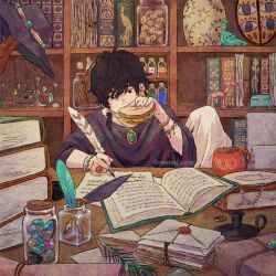 Rule 34 | 1boy, black hair, book, bookshelf, bottle, box, bracelet, candlestand, crescent, cup, earrings, eating, envelope, feather earrings, feathers, food, garlic, glass bottle, hat, hat rack, highres, holding, holding food, holding quill, indoors, ink bottle, jar, jewelry, knee up, leaning to the side, letter, male focus, mug, necklace, nemui usio, oil lamp, open book, original, paintbrush, paper, peacock feathers, pendant, purple hat, quill, ring, rock, sandwich, scroll, sitting, table, toy, twitter username, unworn hat, unworn headwear, v, wooden table, writing