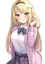 Rule 34 | 1girl, absurdres, adjusting hair, alternate costume, black ribbon, blonde hair, contemporary, hairband, highres, kaede (maple4rt), long hair, looking at viewer, mythra (xenoblade), parted, pleated skirt, ribbon, school uniform, skirt, smile, solo, xenoblade chronicles (series), xenoblade chronicles 2, yellow eyes