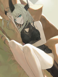 Rule 34 | 1girl, aqua eyes, arknights, bare arms, bare legs, bare shoulders, black bra, bra, commentary, feet out of frame, floral print, grey hair, hand up, highres, horns, koio, lingerie, long hair, looking at viewer, lying, on side, reed (arknights), see-through, solo, thighs, underwear