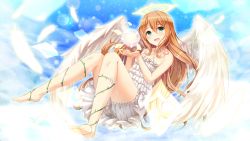 1girl akine_(kuroyuri) album_cover angel angel_wings bare_shoulders bloomers blush brown_hair cover dress feathered_wings female_focus green_eyes halo highres long_hair original smile solo underwear wings