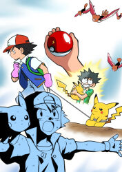 Rule 34 | 1boy, absurdres, ash ketchum, bird, black hair, black shirt, blue jacket, closed mouth, commentary request, creatures (company), electrocution, fingerless gloves, game freak, gen 1 pokemon, gloves, hat, highres, holding, holding leash, holding poke ball, holding pokemon, jacket, leash, leash pull, lightning bolt print, male focus, nintendo, open clothes, open jacket, open mouth, pants, partially colored, pikachu, pink gloves, poke ball, pokemon, pokemon (anime), pokemon (classic anime), pokemon (creature), pokemon ep001, red headwear, rubber gloves, shirt, spearow, tankobukids