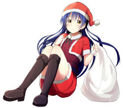 Rule 34 | 1girl, blue hair, blush, boots, commentary request, female focus, full body, fur trim, hat, highres, holding, knee boots, long hair, looking at viewer, love live!, love live! school idol festival, love live! school idol project, sack, santa costume, santa hat, simple background, smile, solo, sonoda umi, tata (tataice), white background
