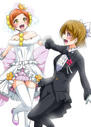 Rule 34 | 10s, 2girls, :d, bare shoulders, blush, boutonniere, bow, bowtie, brown hair, choker, dress, formal, gloves, green eyes, hair bow, highres, holding hands, hoshizora rin, interlocked fingers, koizumi hanayo, love live!, love live! school idol festival, love live! school idol project, love wing bell, multiple girls, open mouth, orange hair, purple eyes, simple background, smile, suit, thighhighs, traditional bowtie, wedding dress, white background, white gloves, white legwear, yopparai oni