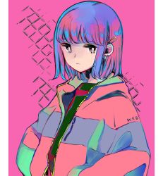 Rule 34 | 1girl, black eyes, black shirt, blue hair, coat, earrings, expressionless, hair ornament, hairclip, hands in pockets, highres, jewelry, medium hair, multicolored hair, open clothes, open coat, original, pink background, pink hair, richard-kun, shirt, solo, upper body