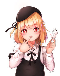 Rule 34 | 1girl, :p, beret, black dress, black hat, black ribbon, blonde hair, bloody0rabby, blush, closed mouth, collared shirt, commentary, dango, dress, food, hair between eyes, hands up, hat, highres, holding, holding food, looking at viewer, m/, multicolored hair, neck ribbon, original, purple hair, red eyes, ribbon, shirt, signature, simple background, sleeveless, sleeveless dress, smile, solo, streaked hair, tongue, tongue out, upper body, wagashi, white background, white shirt