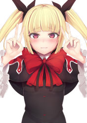 Rule 34 | 1girl, arms up, black bow, black ribbon, blazblue, blonde hair, blunt bangs, blush, bow, bowtie, breasts, capelet, clenched teeth, collared shirt, daiaru, detached sleeves, double v, eyelashes, eyes visible through hair, frilled sleeves, frills, gothic lolita, hair bow, hair intakes, half-closed eyes, high collar, highres, large bow, lolita fashion, long hair, looking at viewer, motion lines, neck ribbon, nose blush, petite, purple eyes, rachel alucard, raised eyebrows, red bow, red eyes, ribbon, shirt, simple background, small breasts, smile, solo, teeth, trembling, twintails, upper body, v, vampire, very long hair, wavy eyebrows, wavy mouth, white background, wide sleeves