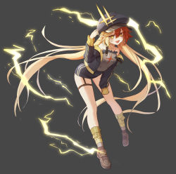 Rule 34 | 1girl, absurdres, alchemy stars, armor, black hat, black jacket, blonde hair, bodysuit, breastplate, brown footwear, covered navel, electricity, energy, full body, grey background, gronru (alchemy stars), hand up, hat, highres, jacket, kou takugou, long hair, long sleeves, looking at viewer, multicolored hair, open mouth, red hair, shoes, simple background, smile, socks, solo, strap slip, thigh strap, twintails, two-tone hair, yellow electricity, yellow eyes, yellow socks