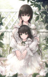 Rule 34 | 2girls, absurdres, black hair, braid, crystalherb, day, dress, fence, flower, frown, green eyes, hair ornament, hand on another&#039;s cheek, hand on another&#039;s face, hand up, highres, hug, hug from behind, long hair, long sleeves, looking at viewer, multiple girls, original, outdoors, pajamas, plant, revision, short hair, siblings, sisters, smile, standing, twin braids, white dress, white theme