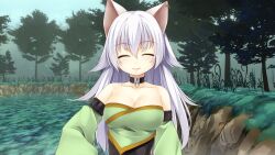 Rule 34 | 1girl, animal ears, atelier-moo, bare shoulders, breasts, cat ears, cat girl, cleavage, closed eyes, closed mouth, felin, forest, hair between eyes, hands on own hips, highres, large breasts, long hair, long sleeves, narrow waist, nature, smile, solo, standing, upper body, white hair, wizards symphony