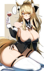 Rule 34 | ..., 1girl, alternate costume, animal ears, annoyed, arknights, armpits, black bow, black leotard, black ribbon, blemishine (arknights), blonde hair, blush, boots, bow, breasts, brown background, cleavage, closed mouth, cup, curvy, detached collar, detached sleeves, drinking glass, foot out of frame, frown, gin moku, hair bow, highleg, highleg leotard, highres, holding, holding cup, horse ears, horse girl, horse tail, large breasts, leotard, long hair, looking at viewer, neck ribbon, playboy bunny, ponytail, ribbon, sidelocks, simple background, sitting, skindentation, solo, spoken ellipsis, sweatdrop, tail, thick thighs, thigh boots, thigh strap, thighs, v-shaped eyebrows, very long hair, white footwear, white legwear, wine glass, wing collar, wrist cuffs, yellow eyes