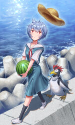Rule 34 | 1girl, :o, ayanami rei, bird, black socks, blue hair, blue skirt, bow, bowtie, breasts, brown hat, collared shirt, commentary, dress shirt, eating, floating clothes, food, food in mouth, fruit, hat, highres, holding, holding food, knees together feet apart, looking at object, looking up, mouth hold, neck ribbon, neon genesis evangelion, ocean, parted lips, penguin, penpen, popsicle, popsicle in mouth, red bow, red bowtie, red eyes, red ribbon, ribbon, school uniform, shadow, shirt, shoes, short sleeves, skirt, small breasts, socks, solo, sparkle, stone wall, straw hat, sun hat, surprised, suspender skirt, suspenders, tokyo-3 middle school uniform, unworn hat, unworn headwear, uwabaki, walking, wall, watermelon, wave breaker, white footwear, white shirt, wind, yahha