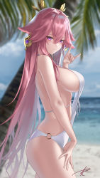Rule 34 | 1girl, absurdres, animal ears, ass, beach, blue sky, blurry, blurry background, breasts, closed mouth, cloud, day, earrings, floppy ears, fox ears, fox shadow puppet, from side, genshin impact, gold earrings, hair ornament, hand on own thigh, highres, jewelry, large breasts, light smile, long hair, o-ring, o-ring swimsuit, ocean, one-piece swimsuit, outdoors, palm tree, pink hair, purple eyes, sideboob, signature, sky, solo, strap gap, swimsuit, thighs, tree, very long hair, vision (genshin impact), white one-piece swimsuit, yabacha, yae miko