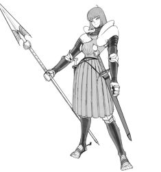 Rule 34 | 1girl, absurdres, armor, armor under clothes, cuisses, full body, gauntlets, greyscale, highres, holding, holding polearm, holding weapon, knight, long sleeves, looking at viewer, medieval, medium hair, monochrome, original, plate armor, pleated skirt, polearm, skirt, standing, sword, wass nonnam, weapon