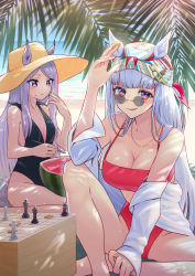 Rule 34 | 2girls, :3, alternate costume, animal ears, bandana, bandeau, bikini, black one-piece swimsuit, blush, board game, breasts, casual one-piece swimsuit, chess piece, cleavage, closed mouth, ears through headwear, food, fruit, glasses, glint, gold ship (umamusume), grey hair, hat, highres, holding, holding spoon, horizon, horse ears, horse girl, horse tail, jacket, jewelry, knee up, large breasts, long hair, looking at viewer, looking over eyewear, mejiro mcqueen (umamusume), multiple girls, nabe puyo, necklace, off shoulder, one-piece swimsuit, outdoors, pince-nez, purple eyes, purple hair, red bikini, shogi, shogi piece, sitting, small breasts, spoon, sun hat, sunglasses, swimsuit, tail, tongue, tongue out, umamusume, watermelon, white jacket