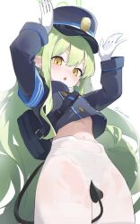 Rule 34 | 1girl, armband, artist name, black hat, blue archive, blue armband, blush, buttons, commentary, cropped jacket, demon tail, double-breasted, gloves, green hair, green halo, halak0000, halo, hands up, hat, highres, hikari (blue archive), long hair, long sleeves, looking at viewer, navel, no pants, open mouth, panties, panties under pantyhose, pantyhose, peaked cap, pointy ears, sidelocks, simple background, solo, symbol-only commentary, tail, underwear, white background, white gloves, white panties, white pantyhose, yellow eyes