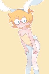Rule 34 | 1girl, animal ears, bare shoulders, bent over, blonde hair, blue eyes, brown-framed eyewear, closed mouth, collarbone, cowlick, dot nose, fake animal ears, fake tail, flat chest, freckles, glasses, hands on own thighs, highres, knees together feet apart, leotard, little witch academia, looking at viewer, lotte jansson, medium hair, no pupils, orenji (wholesomeorenji), outline, pantyhose, playboy bunny, rabbit ears, rabbit tail, round eyewear, semi-rimless eyewear, simple background, smile, solo, split mouth, standing, straight hair, tail, white outline, white pantyhose, yellow background, yellow leotard