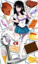 Rule 34 | 1girl, :q, black hair, blouse, blue eyes, blue skirt, boned meat, breasts, cake, cake slice, candy, censored, chicken leg, chocolate, chocolate bar, cleavage, dango, dotted line, food, french fries, full body, highres, ice cream, ice cream cone, kafun, lollipop, long hair, looking at viewer, meat, medium breasts, miniskirt, mitarashi dango, mosaic censoring, nail polish, no shoes, ok sign, original, pink nails, pleated skirt, pudding, sanpaku, shirt, short sleeves, skirt, smile, soft serve, solo, standing, standing on one leg, steak, strawberry shortcake, swirl lollipop, thighhighs, tiptoes, tongue, tongue out, tsurime, w arms, wagashi, weighing scale, white shirt, white thighhighs, wrapped candy, zettai ryouiki