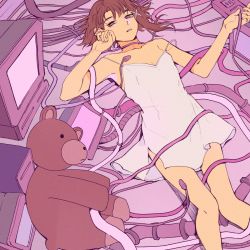 Rule 34 | 1girl, armpits, bad id, bad twitter id, bare shoulders, cable, computer, dress, highres, iwakura lain, looking at viewer, lying, monitor, on back, purple theme, serial experiments lain, short hair, strap slip, stuffed animal, stuffed toy, teddy bear, vacuumchan, white dress