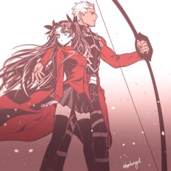 Rule 34 | 1boy, 1girl, archer (fate), blue eyes, bow (weapon), brown hair, byulrorqual, dark skin, dark-skinned male, fate/stay night, fate (series), thighhighs, tohsaka rin, two side up, weapon, white hair