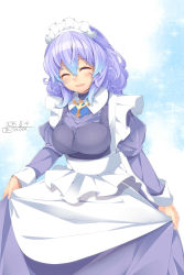 Rule 34 | 1girl, ^ ^, absurdres, alternate costume, apron, blue hair, blush, breasts, closed eyes, enmaided, closed eyes, female focus, gradient hair, highres, kokka han, large breasts, letty whiterock, maid, maid apron, maid headdress, multicolored hair, open mouth, purple hair, short hair, smile, solo, touhou, two-tone hair