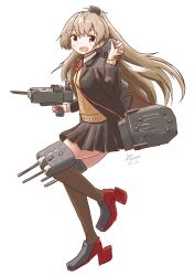 Rule 34 | 1girl, aaoi, adapted turret, black jacket, black skirt, blazer, bow, bowtie, brown hair, cannon, full body, green eyes, hair ornament, highres, jacket, kantai collection, kumano (kancolle), kumano kai ni (kancolle), long hair, one-hour drawing challenge, pleated skirt, red bow, red bowtie, rudder footwear, simple background, skirt, smile, solo, sweater vest, turret, white background