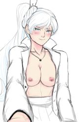 Rule 34 | 1girl, blue eyes, blush, breasts, hair between eyes, highres, jewelry, long hair, looking at viewer, medium breasts, necklace, nipples, no bra, open clothes, outstretched arm, raspberrycreampie, rwby, scar, scar across eye, scar on face, sketch, skirt, smile, solo, sweat, weiss schnee, white background, white hair