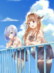 Rule 34 | 2girls, against railing, ahoge, amane kanata, black hairband, blonde hair, blue eyes, blue hair, blue neckwear, blue sky, blush, bow, bowtie, braid, breasts, cloud, cloudy sky, collared shirt, colored inner hair, crossed arms, day, dragon girl, dragon horns, drinking, eyes visible through hair, hair ornament, hair over one eye, hairband, hairclip, highres, hololive, horns, juice box, kiryu coco, large breasts, long hair, looking at viewer, loose bowtie, loose necktie, loose neckwear, lovely yoshio, multicolored hair, multiple girls, necktie, open mouth, orange hair, outdoors, partially unbuttoned, pleated skirt, pointy ears, purple eyes, railing, rooftop, school, school uniform, shirt, short hair, silver hair, single braid, skirt, sky, smile, striped bow, striped bowtie, striped clothes, striped neckwear, thighhighs, virtual youtuber, white shirt