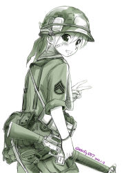 Rule 34 | 1girl, :d, assault rifle, bandaid, bandaid on cheek, bandaid on face, blush, bottle, bracelet, cowboy shot, dated, ebifly, from behind, green theme, gun, hair between eyes, helmet, holding, holding gun, holding weapon, jewelry, looking at viewer, looking back, m16, m16a1, m1 helmet, military, combat helmet, monochrome, open mouth, original, pants, pouch, rifle, short hair, short sleeves, simple background, smile, soldier, solo, standing, v, weapon, weapon request, white background