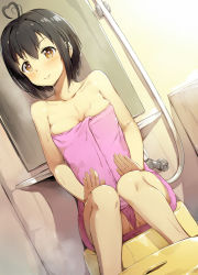 Rule 34 | 1girl, ahoge, bare arms, bare shoulders, bath stool, black hair, blush, breasts, brown eyes, cleavage, closed mouth, collarbone, feet out of frame, heart, heart-shaped pupils, heart ahoge, highres, idolmaster, idolmaster cinderella girls, indoors, kohinata miho, naked towel, partially visible vulva, seneto, short hair, sitting, small breasts, smile, solo, stool, symbol-shaped pupils, towel, water, wet