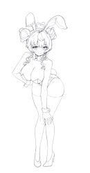 Rule 34 | 1girl, ahoge, animal ears, aningay, bare shoulders, blush, bow, bowtie, breasts, cleavage, closed mouth, detached collar, double bun, fake animal ears, full body, greyscale, hair between eyes, hair bun, hairband, heart, heart ahoge, high heels, highres, large breasts, leaning forward, leotard, looking at viewer, monochrome, original, playboy bunny, rabbit ears, shoes, simple background, smile, solo, standing, strapless, strapless leotard, thighhighs, white background, wing collar, wrist cuffs