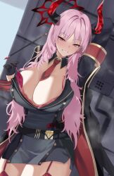 Rule 34 | 1girl, belt, black belt, black coat, black gloves, blue archive, breasts, cleavage, coat, demon horns, everchix, garter straps, gloves, grin, halo, highres, horns, large breasts, long hair, looking at viewer, mole, mole under eye, necktie, open clothes, open coat, pink hair, red eyes, red halo, red horns, red necktie, red thighhighs, satsuki (blue archive), smile, solo, thighhighs