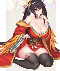 Rule 34 | 1girl, azur lane, bare shoulders, black hair, black thighhighs, breasts, cleavage, clothes lift, commentary request, crossed bangs, feathers, finger to own chin, hakama, hakama short skirt, hakama skirt, japanese clothes, kimono, large breasts, long hair, looking at viewer, mask, mask on head, nidy, no panties, off shoulder, red eyes, red kimono, sitting, skirt, skirt lift, smile, taihou (azur lane), thick thighs, thighhighs, thighs, twintails