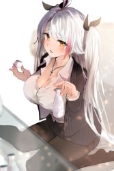 Rule 34 | 1girl, alcohol, alternate costume, antenna hair, azur lane, black ribbon, blush, bottle, breasts, cross, cross necklace, cup, formal, glass table, hair between eyes, hair ribbon, holding, holding bottle, holding cup, jacket, jewelry, large breasts, long hair, long sleeves, looking at viewer, miniskirt, multicolored hair, necklace, office lady, orange eyes, pantyhose, pencil skirt, prinz eugen (azur lane), raru (nanaharararu), red hair, ribbon, shirt, silver hair, skirt, streaked hair, suit, table, two side up, very long hair, white shirt