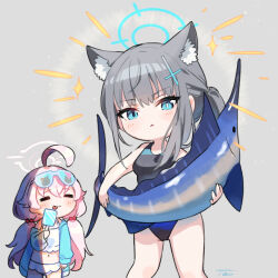 Rule 34 | 2girls, :&lt;, ahoge, animal, animal ear fluff, animal ears, bikini, blue archive, blue eyes, breasts, chibi, closed eyes, closed mouth, cross hair ornament, eyewear on head, fish, flat chest, food, grey background, hair bobbles, hair ornament, halo, holding, holding animal, holding fish, holding food, holding popsicle, hoshino (blue archive), hoshino (swimsuit) (blue archive), jacket, long hair, low twintails, mismatched pupils, multiple girls, one-piece swimsuit, open clothes, open jacket, ponytail, popsicle, shiroko (blue archive), shiroko (swimsuit) (blue archive), simple background, small breasts, sunglasses, swimsuit, tautiki, twintails, white bikini