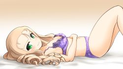 Rule 34 | bed sheet, blonde hair, blush, bra, breasts, brown background, commentary, drill hair, embroidered bra, from side, girls und panzer, gradient background, green eyes, grin, hand on own stomach, long hair, looking at viewer, lying, marie (girls und panzer), medium breasts, navel, on back, on bed, panties, purple bra, purple panties, rebirth42000, smile, solo, underwear, underwear only