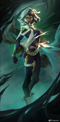 Rule 34 | 1girl, absurdres, artist name, black bodysuit, black hair, bodysuit, braid, cape, clenched hand, dark-skinned female, dark skin, full body, green background, grey cape, highres, holding, holding weapon, hood, hood up, hooded cape, league of legends, long hair, looking at viewer, qqquain, senna (league of legends), smoke, solo, weapon