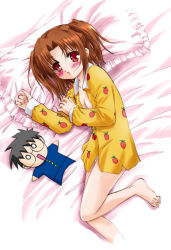 Rule 34 | 00s, 1girl, :d, barefoot, bed, black hair, blush, breasts, brown hair, carrot, character doll, cleavage, clenched hand, doll, dutch angle, feet, flat chest, food-themed clothes, frilled pillow, frills, from above, glasses, holding own arm, looking at viewer, lying, no bra, no pants, o o, on side, open clothes, open mouth, open shirt, pajamas, panties, parted bangs, parted lips, pillow, q-gaku, red eyes, shirt, short hair, short twintails, small breasts, smile, solo, tohno shiki, tsukihime, twintails, two side up, underwear, white panties, yumizuka satsuki