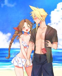 Rule 34 | 1boy, 1girl, aerith gainsborough, alternate costume, arm between breasts, asymmetrical hair, bad link, bare arms, beach, between breasts, bikini, blonde hair, blue male swimwear, blue swim trunks, blush, braid, braided ponytail, breasts, brown hair, cleavage, closed eyes, cloud, cloud strife, cloudy sky, costa del sol, couple, cup, disposable cup, drawstring, dropping, final fantasy, final fantasy vii, final fantasy vii remake, floral print, grey shirt, hair ribbon, holding another&#039;s arm, holding hands, hood, hood down, krudears, male swimwear, medium breasts, ocean, open clothes, open mouth, open shirt, parted bangs, pectorals, ribbon, shirt, sidelocks, sky, smile, spiked hair, spit take, spitting, square enix, sweatdrop, swim trunks, swimsuit, upper body, wavy hair