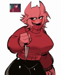 Rule 34 | black eyes, blush stickers, bob velseb, breasts, colored skin, demon girl, demon horns, genderswap, genderswap (mtf), high collar, horns, huge breasts, knife, leggings, looking to the side, medium hair, messy hair, red hair, red skin, red sweater, spooky month, sweater, thick thighs, thighs, usa37107692, wide hips