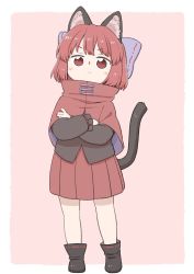 Rule 34 | 1girl, :&lt;, aged down, animal ears, black footwear, blush, boots, border, bow, capelet, cat ears, cat tail, closed mouth, commentary, crossed arms, full body, hair bow, kemonomimi mode, long sleeves, looking at viewer, pink background, pleated skirt, poronegi, purple bow, red capelet, red eyes, red hair, red skirt, sekibanki, short hair, simple background, skirt, solo, tail, tail raised, touhou, white border