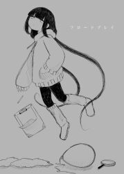 Rule 34 | 1girl, absurdly long hair, balloon, blunt bangs, clipboard, closed mouth, commentary request, expressionless, float play (vocaloid), floating, from side, full body, greyscale, gyobi, hand in pocket, head back, highres, hood, hood down, hoodie, leg warmers, leggings, long hair, looking at viewer, looking to the side, low twintails, magnifying glass, monochrome, osage (nukunuku nigirimeshi), pencil, shoes, simple background, sleeves past wrists, solo, song name, translation request, twintails, very long hair, vocaloid