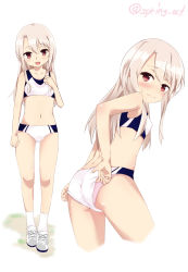 Rule 34 | 1girl, :d, adjusting buruma, adjusting clothes, back, bare shoulders, blonde hair, blush, breasts, buruma, closed mouth, commentary request, cowboy shot, crop top, fate/kaleid liner prisma illya, fate (series), from behind, full body, gluteal fold, hair between eyes, hand on own chest, highres, illyasviel von einzbern, long hair, looking at viewer, looking back, midriff, multiple views, navel, open mouth, panties, panties under buruma, panty peek, pink panties, red eyes, shoes, simple background, small breasts, smile, sneakers, socks, spring oct, standing, sweatdrop, tank top, twitter username, underwear, wavy mouth, white background, white legwear