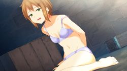 Rule 34 | 1girl, arms behind back, barefoot, bra, breasts, brown hair, cleavage, collarbone, donuthouse, feet, game cg, green eyes, legs, looking at viewer, mayachi (amuriya), panties, short hair, sitting, small breasts, solo, tears, thighs, toes, underwear, valkyrie runabout!