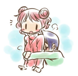 Rule 34 | 2girls, blush, hidamari sketch, hiro (hidamari sketch), hug, hug from behind, lowres, mukiki, multiple girls, pink hair, sae (hidamari sketch), short hair, yuri